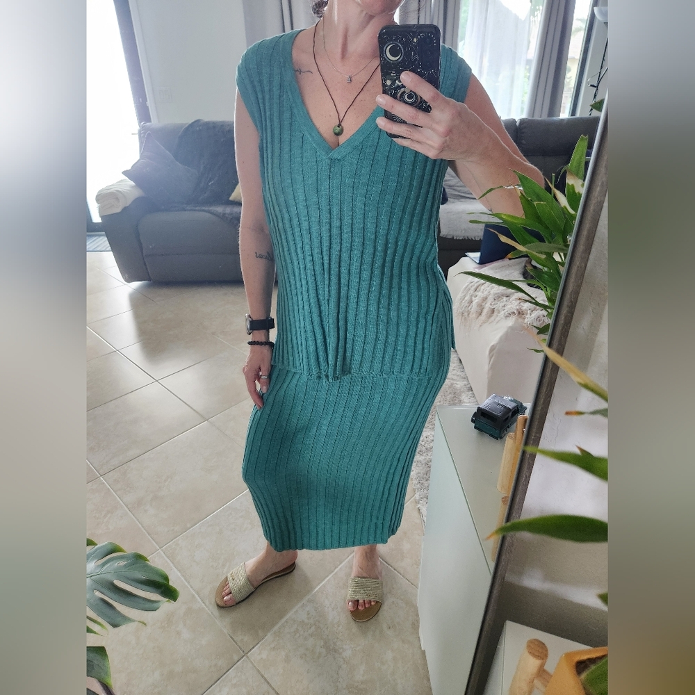 Free People Teal Ribbed Knit Sleeveless Set